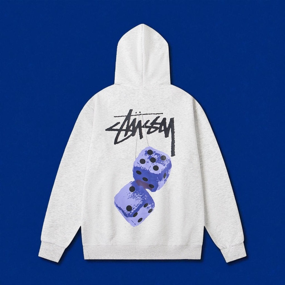 Stussy Gray Hoodie with Blue Dice Design